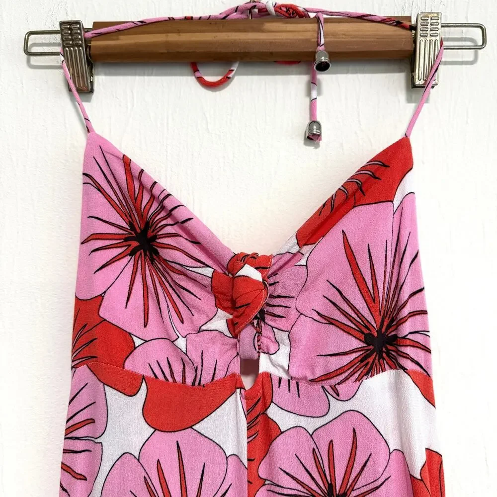 Ava Sky Womens Floral Jumpsuit XS Pink Red Halter Hawaiian Beach Tropical - Picture 6 of 9